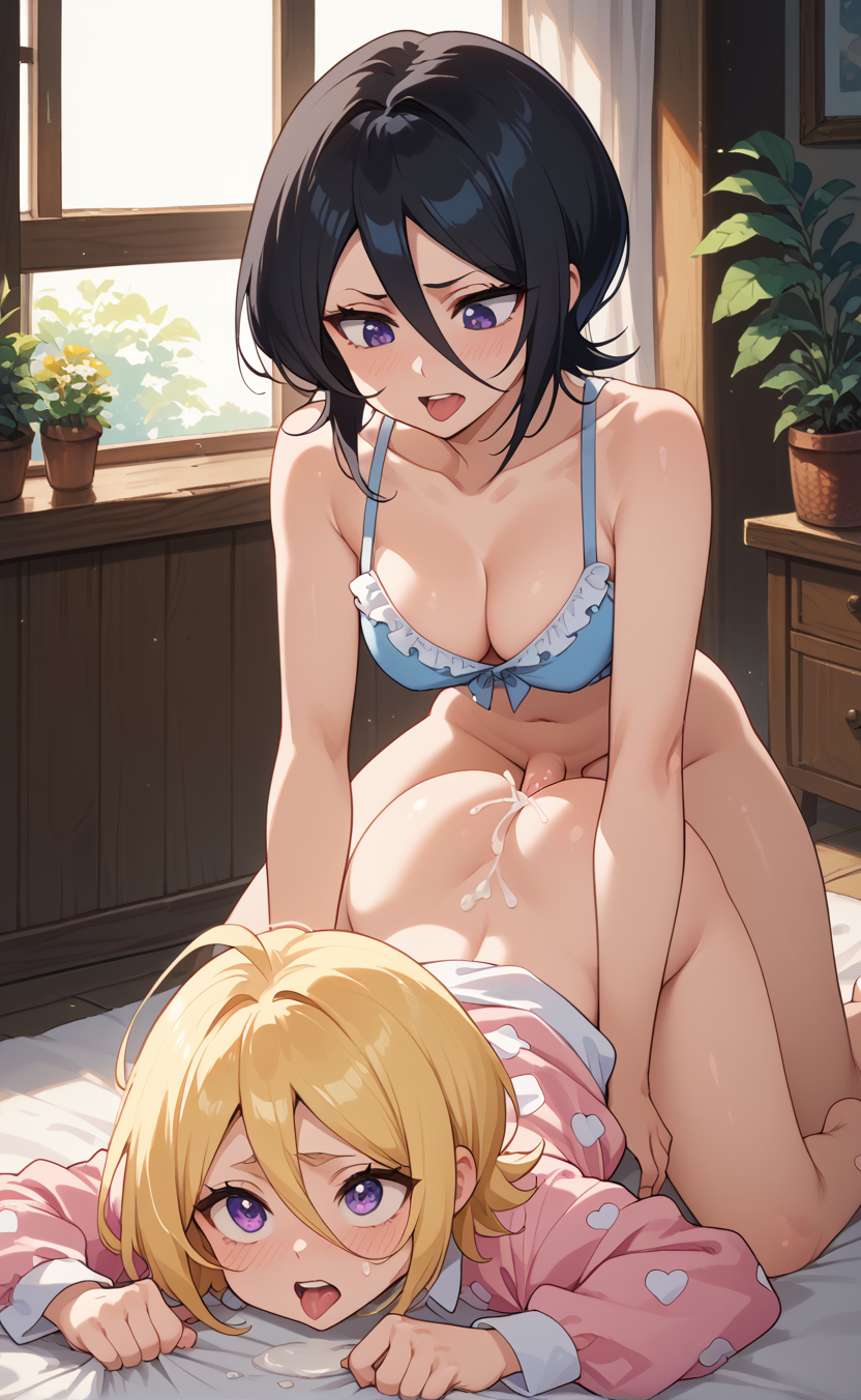 1girls ai_generated black_hair bleach bleach:_the_thousand-year_blood_war cute futa_on_female futanari kuchiki_rukia kuchiki_rukia pijama purple_eyes rengoart sexy sexy.ai short_hair