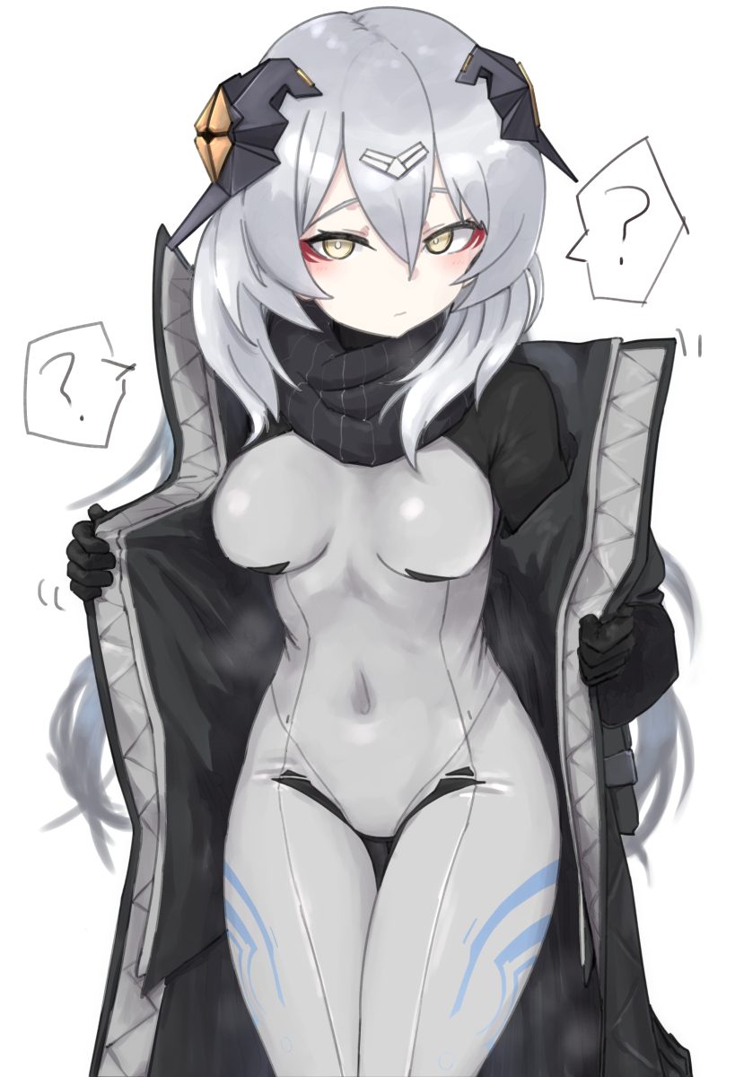 bangs bodystocking bodysuit breasts bright_pupils clothed clothed_female clothing coat confused confused_look female girls&#039;_frontline grey_hair headgear jacket long_hair nyto_(girls&#039;_frontline) paradeus question_mark scarf showing_off tagme tagme_(artist) tareus_(girls&#039;_frontline) thick_thighs thighs tight_clothes tight_clothing tight_fit yellow_eyes