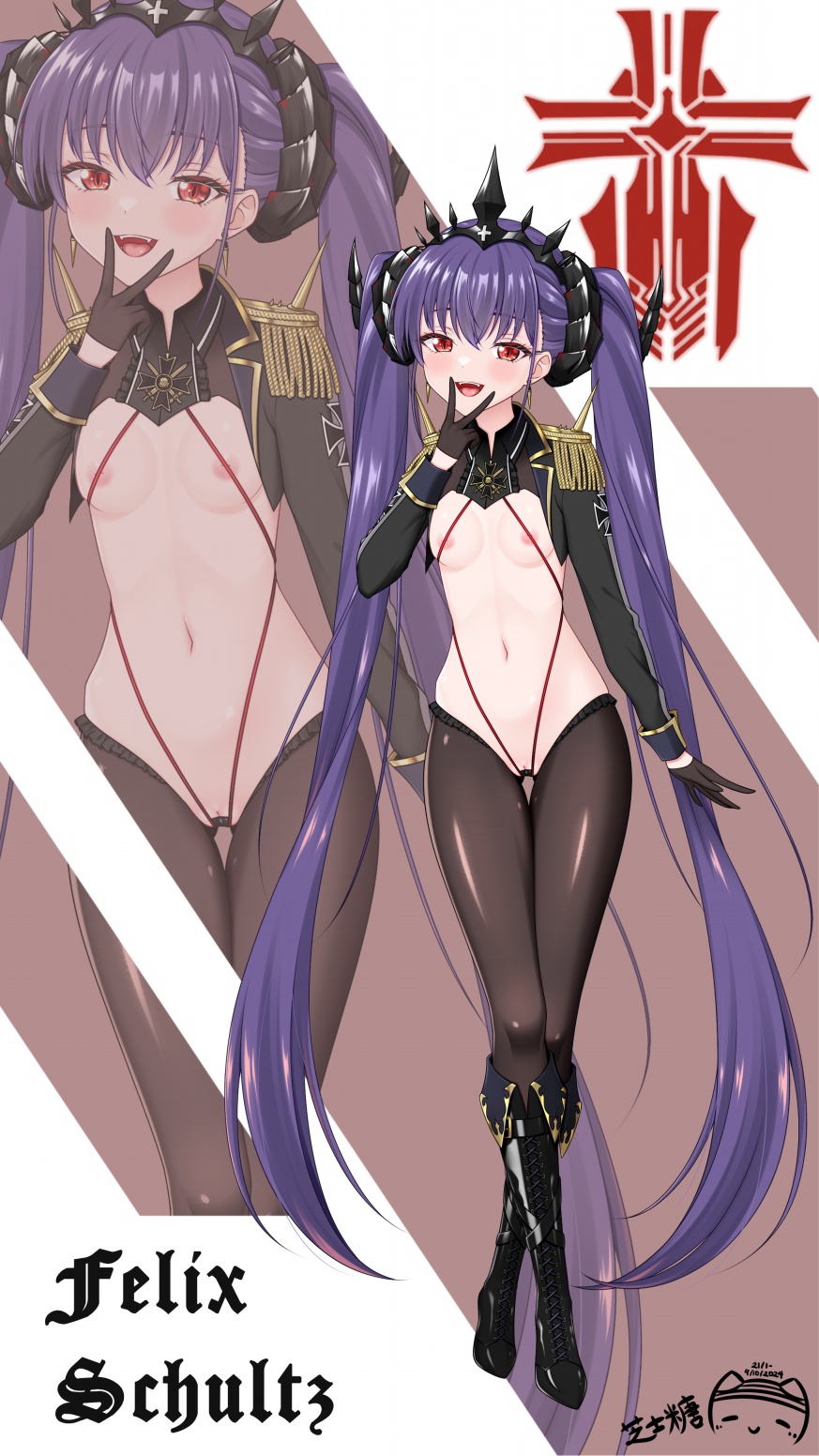 areola_slip azur_lane black_footwear black_gloves black_horns breasts character_name cross curled_horns epaulettes fangs felix_schultz_(azur_lane) female gloves hand_up highres horns iron_blood_(emblem) iron_cross long_hair looking_at_viewer navel open_mouth petite ppshex purple_hair pussy red_eyes revealing_clothes signature small_breasts solo stomach twintails v v_over_mouth very_long_hair