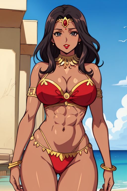 1girls abs ai_generated armlet bangle bare_shoulders beach big_breasts bikini bikini_bottom bikini_top bindi blue_eyes blue_sky brown_hair cleavage dark-skinned_female dark_skin earrings forehead_jewel gold_jewelry hourglass_figure indian indian_female jewelry looking_at_viewer muscular_female necklace red_bikini red_clothing red_lipstick sea seaside slim_waist smile solo solo_female thick_thighs wide_hips