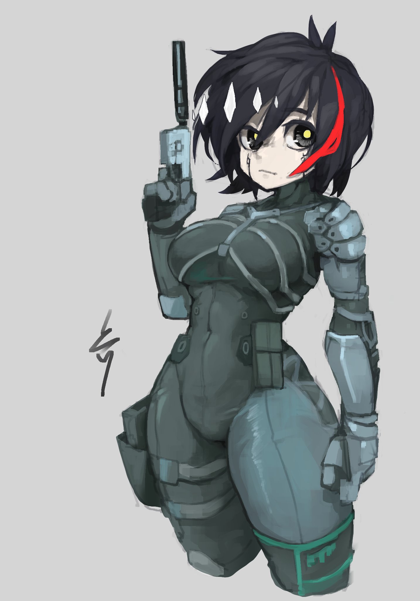 1girls, black hair, exoskeleton, female, jun (mdrg), looking at viewer, my dystopian robot girlfriend, pistol, pistol in hand, raiden (metal gear), robot, robot girl, robot humanoid, solo, solo female, solo focus, yellow pupils