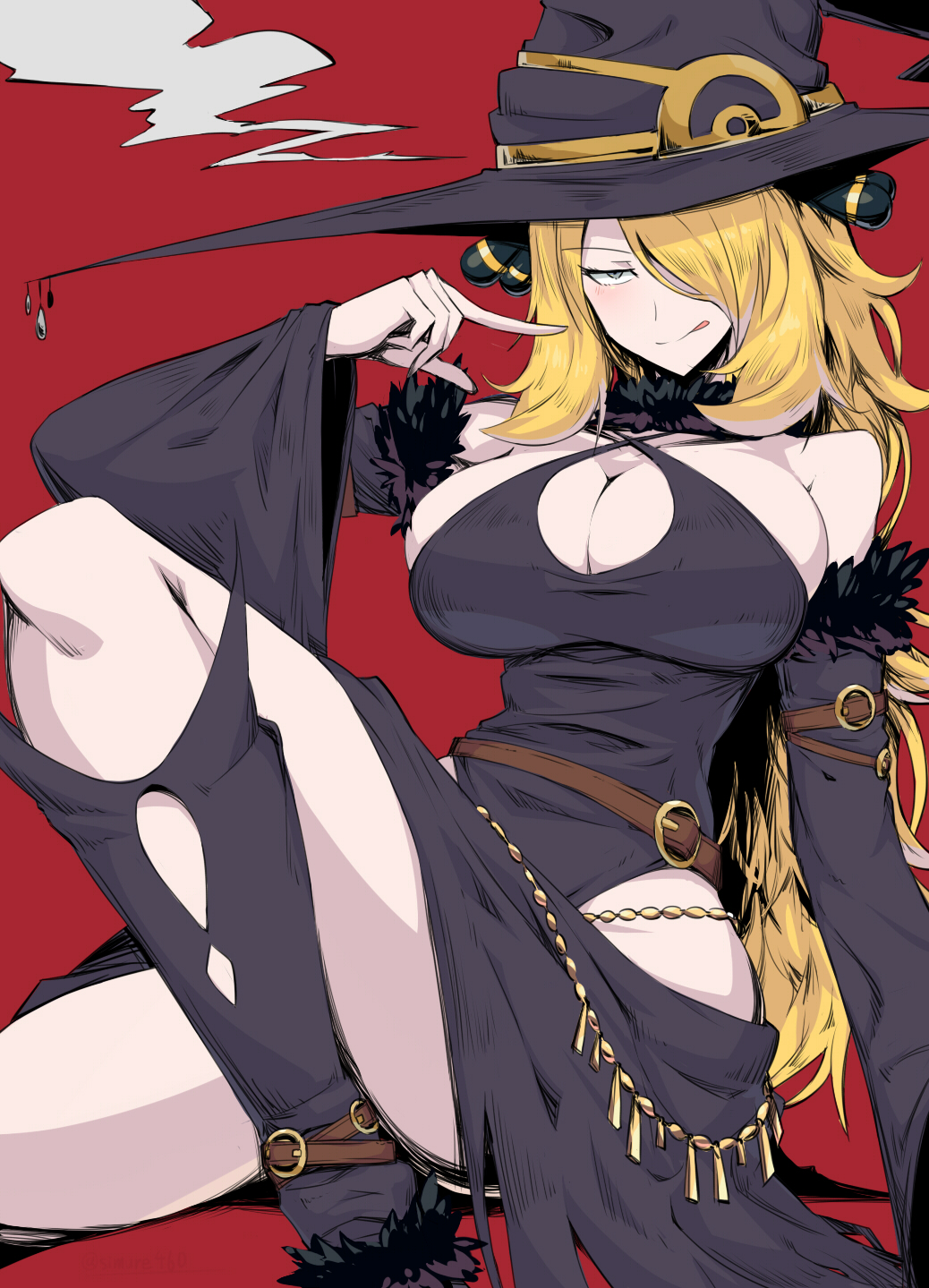 1girls 2020 :p adapted_costume alternate_breast_size alternate_costume alternate_outfit armpits ass bare_shoulders belt big_ass big_breasts black_dress blonde_hair blush boots breasts bursting_breasts cleavage cleavage_cutout clothed cynthia_(pokemon) detached_sleeves dress eye_contact eyebrows_visible_through_hair female female_only female_solo gloves grey_eyes hair_ornament hair_over_one_eye half-closed_eyes hat highres hip_vent huge_breasts human human_only large_breasts licking_lips long_hair long_sleeves looking_at_viewer mature_female nintendo no_nipples no_nipples_visible no_penetration no_penis no_sex pointing pokemon pokemon_dppt pose red_background revealing_clothes sexually_suggestive sideboob simple_background sitting sleeveless sleeveless_dress smile solo solo_female source_request suzusiigasuki thick_thighs thighs tongue tongue_out wide_hips wide_sleeves witch witch_hat