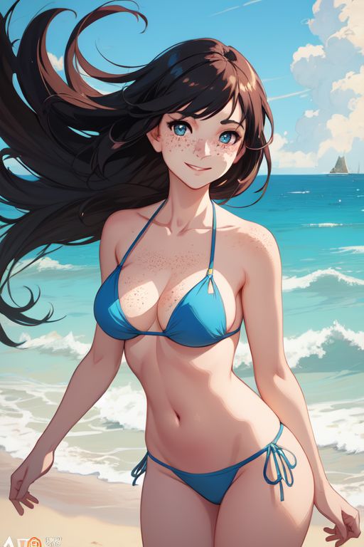 1girls ai_generated beach bikini black_hair blue_eyes female_focus female_only freckles_on_face nude_female skotos_ai small_breasts