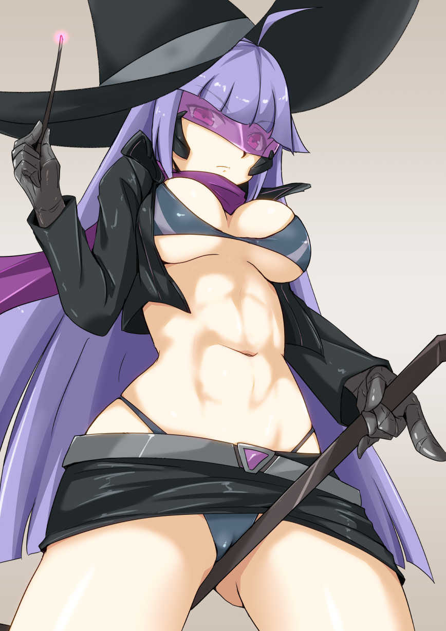 1girls abs breasts cleavage dragoon_(girls_frontline) female female_focus female_only girls'_frontline halloween hat long_hair navel purple-tinted_eyewear purple_hair solo tagme thong tinted_eyewear visor