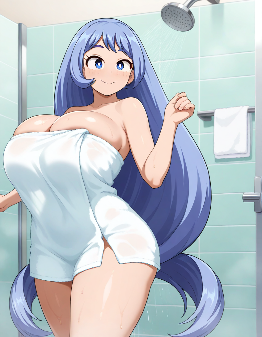 ai_generated blue_hair hadou_nejire large_breasts long_hair my_hero_academia nejire_hado schoolgirl shower solo towel