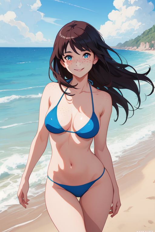 1girls ai_generated beach bikini black_hair blue_eyes female_focus female_only freckles_on_face nude_female skotos_ai