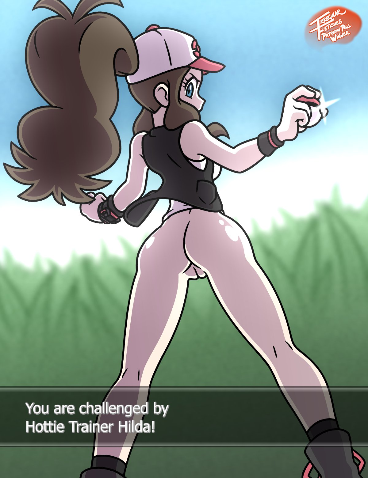 1girls 2020 armpits artist_name ass back back_view bare_shoulders big_ass big_hands black_socks blue_eyes boots bottomless breasts brown_hair casual_exposure english_text eye_contact eyelashes female female_only gameplay_mechanics grass green_background hat hilda_(pokemon) hud human irregular_fetishes laced_boots long_hair looking_at_viewer looking_back nintendo no_panties outdoors poke_ball pokemon pokemon_battle pokemon_bw ponytail pose pussy shirt shoes socks solo standing sweatband text text_box thick_thighs vagina vest watch watermark wide_hips