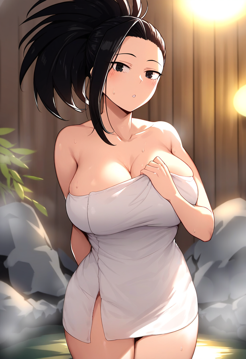 1girls ai_generated big_breasts black_hair boku_no_hero_academia breasts cleavage female heavy_breasts huge_breasts keinovelnovelai large_breasts light-skinned_female light_skin long_hair momo_yaoyorozu my_hero_academia solo towel towel_only