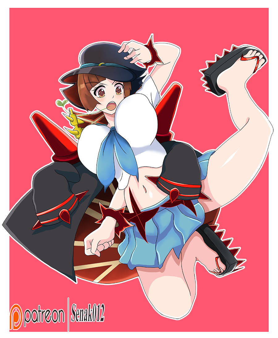 big_breasts brown_eyes brown_hair feet female female_only kill_la_kill mankanshoku_mako sandals senak012 short_hair solo solo_female solo_focus