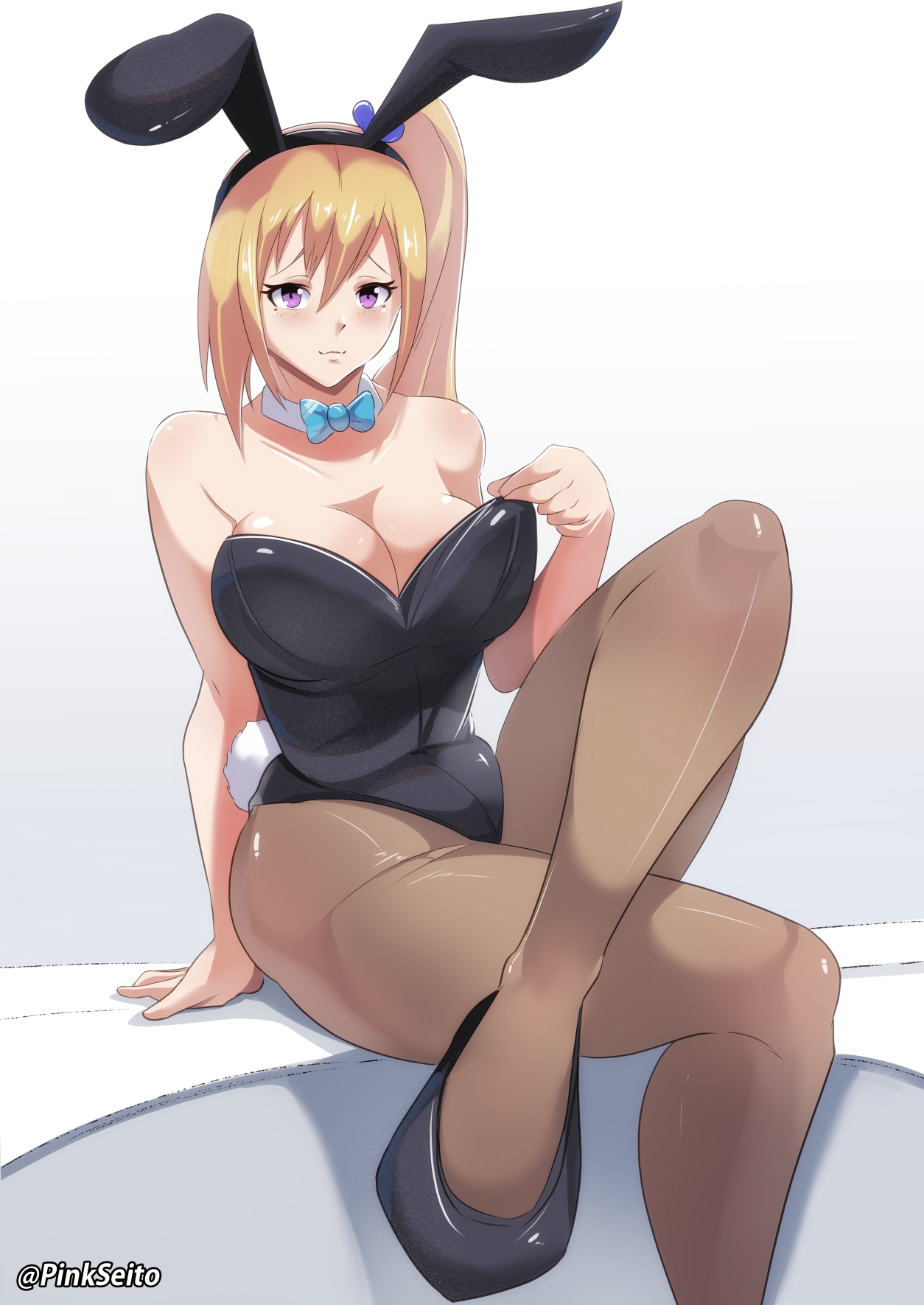 big breasts, blonde hair, breasts, bunny ears, bunny girl, bunnysuit, female, female only, high heels, kawakami mai, legs crossed, long hair, musaigen no phantom world, pinkseito, purple eyes, solo, solo female, solo focus