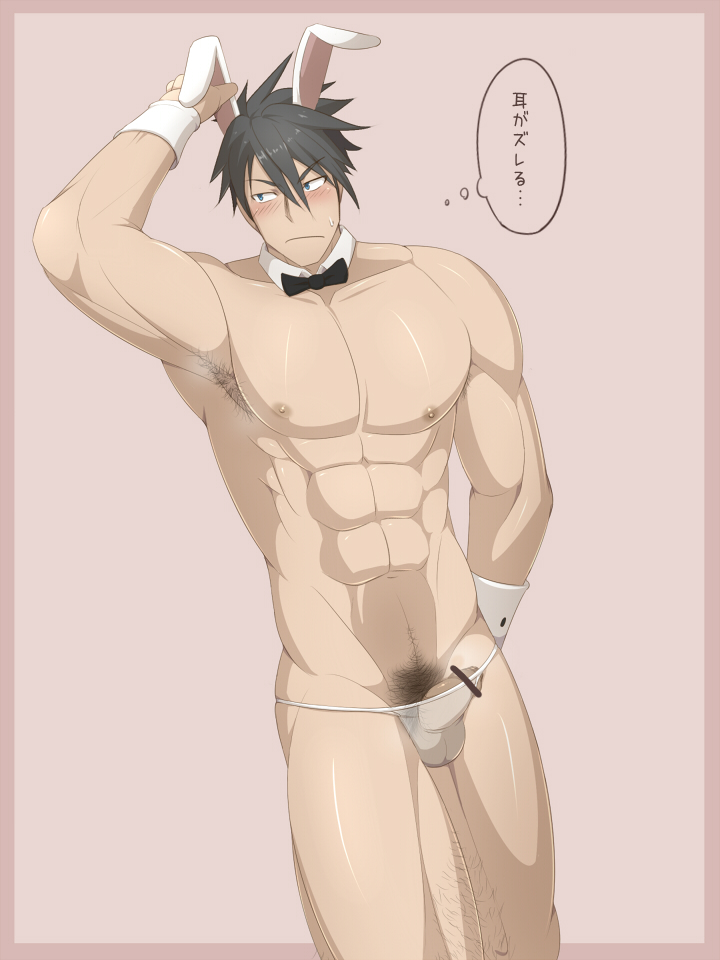 akuno_hideo armpit armpit_hair balls bara blush bulge bunny_ears flaccid idolmaster idolmaster_side-m kai_(artist) male_only muscles muscular musk penis solo solo_male