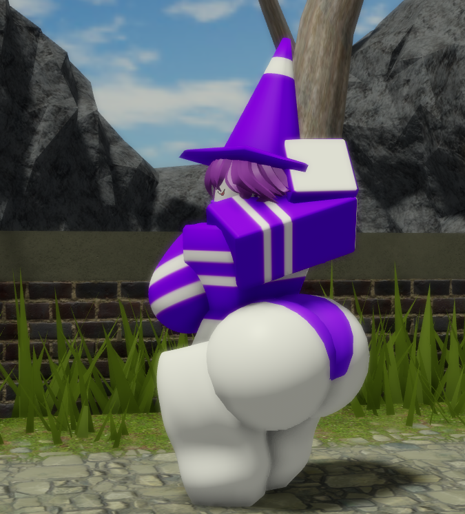 3d :p arms_behind_head ass_focus bubble_ass bubble_butt cone_hat elienia_(goofy_lookin) fully_clothed goofylookin large_ass light-skinned_female looking_back purple_clothing purple_hair roblox short_hair solo_female stretching striped_clothing tounge_out traffic_cone white_skin