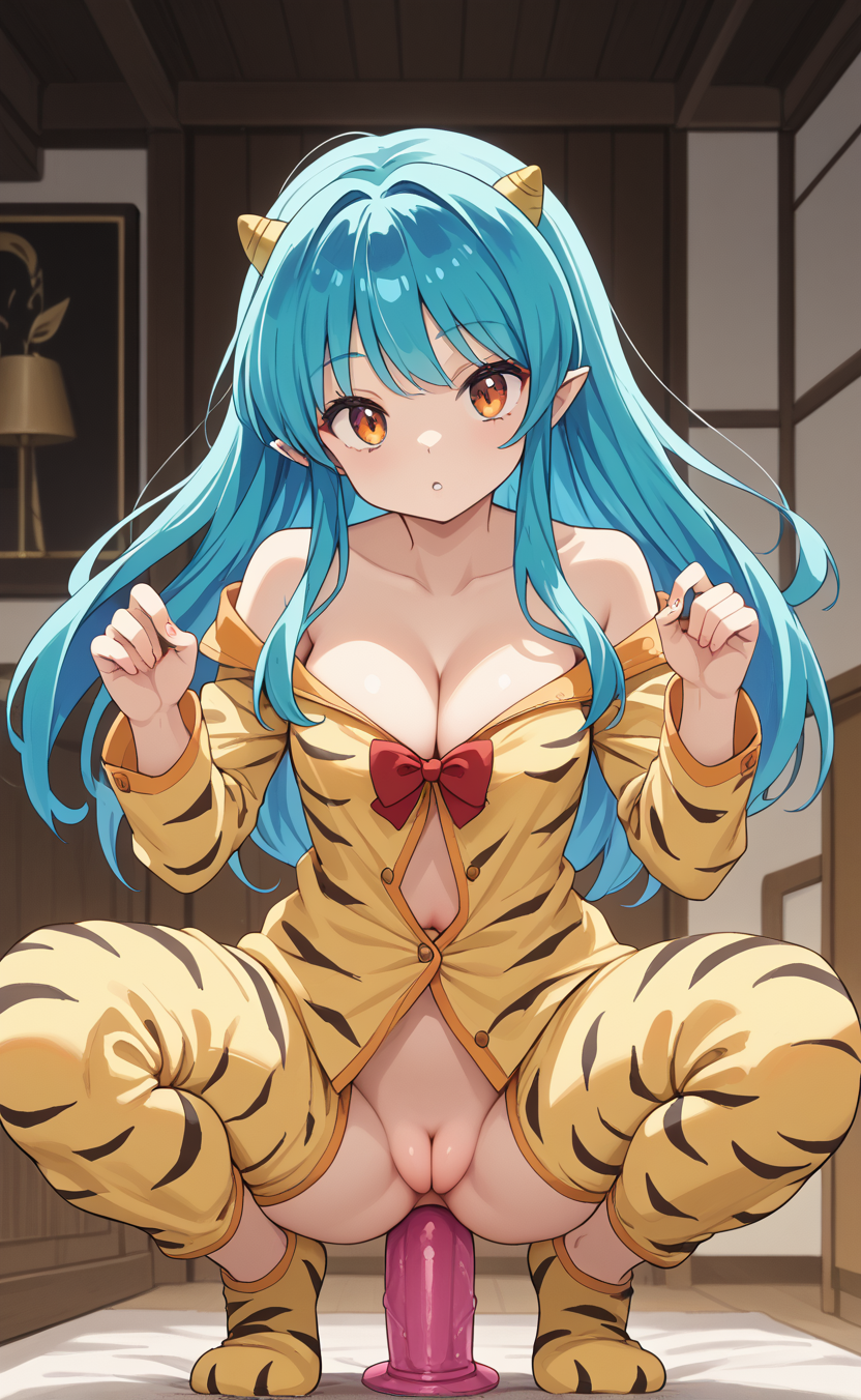 1girls ai_generated blue_hair cameltoe dildo_in_ass dildo_riding horns lum rengoart sexy sexy.ai urusei_yatsura yellow_eyes