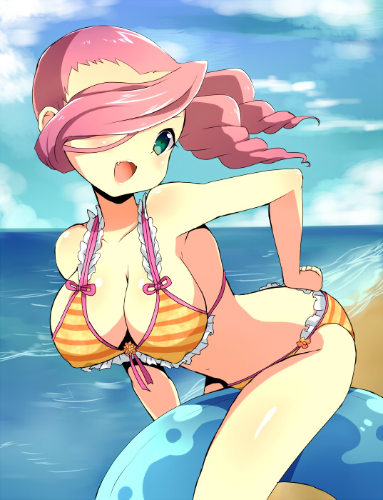 1girls beach bikini female green_eyes hair_over_one_eye hand_on_hip holding_object inazuma_eleven inflatable oerba_yun_fang pink_hair seaside short_hair sisosimesaba solo solo_female striped_bikini sue_sparrow takanashi_shinobu yellow_bikini