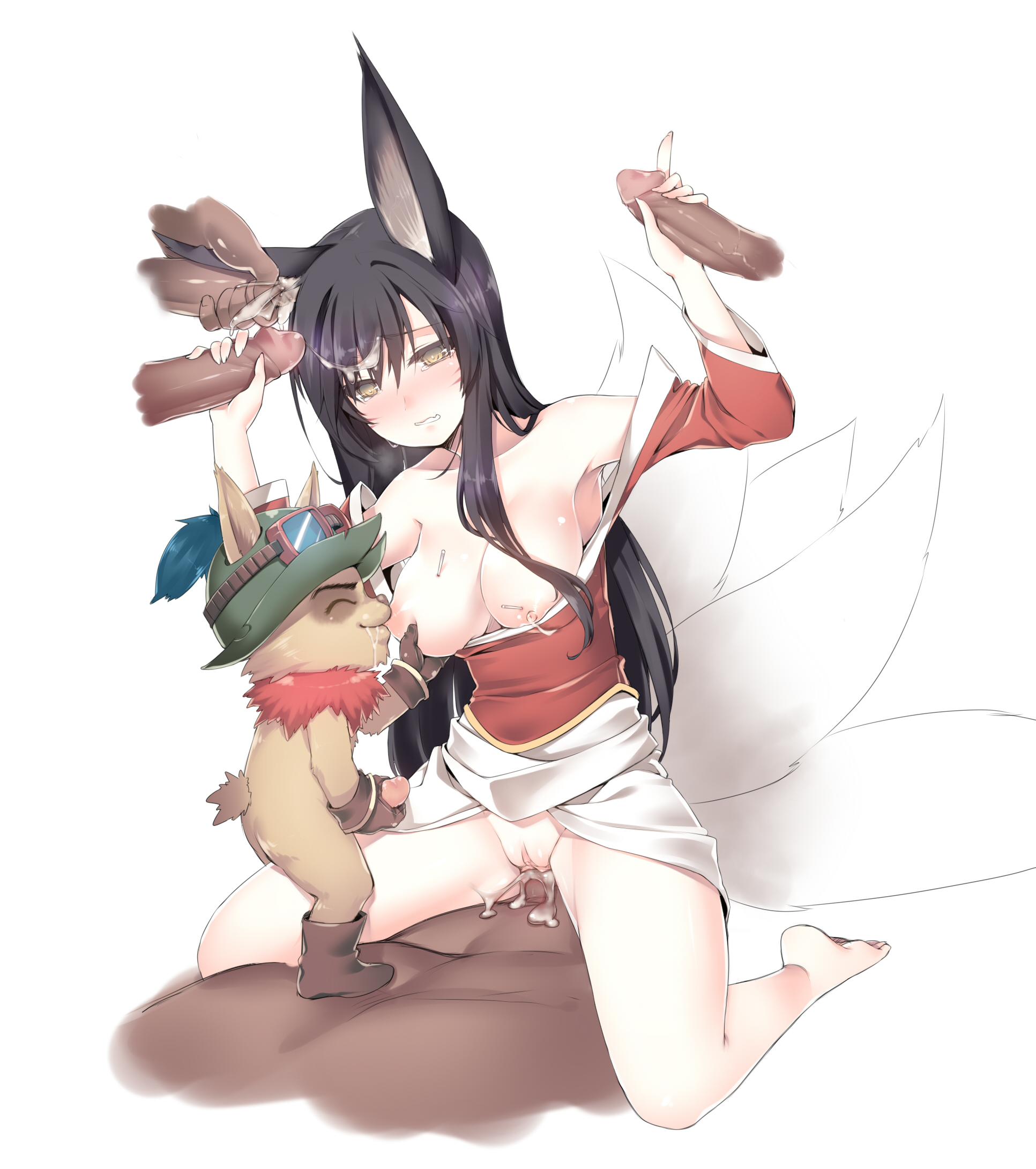 ahri, animal ears, black hair, blush, breast sucking, breastfeeding, breasts, cowgirl position, cum, cum in pussy, dark skin, dark-skinned male, drugged, female, fur, gangbang, lactation, league of legends, male, pussy, rape, riot games, size difference, smaller male, tagme, teemo