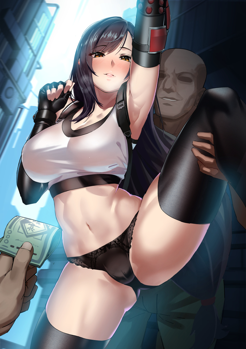 alleyway armpit arms_up ass atelier30 bangs black_hair black_panties blush breasts compression_sleeve dark-skinned_male final_fantasy final_fantasy_vii final_fantasy_vii_remake from_behind gloves grabbing_from_behind half-closed_eyes held hot_breath huge_breasts large_breasts leg_grab legs_held_open long_hair money obscured_face offering_money panties pantyshot ponytail pose public pussy_bulge smile smirk stomach straight_hair suspenders tank_top thick_thighs thighhighs thighs tifa_lockhart tight_clothing very_long_hair visible_breath