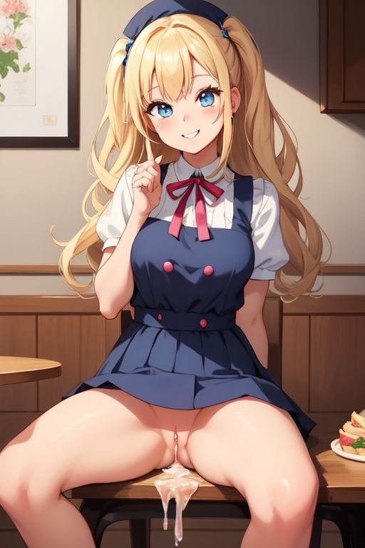 after_sex after_vaginal ai_generated blonde_female blonde_hair blue_eyes casual clothed cum cum_in_pussy cum_on_body dress human jsmithy114 no_panties sitting_on_chair skirt smiling smiling_at_viewer