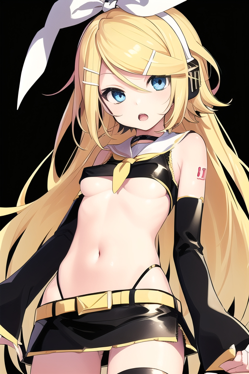 adapted_costume ai ai_generated blonde_hair groin kagamine_rin kagamine_rin_(future_style) long_hair midriff miniskirt navel skirt underboob vocaloid