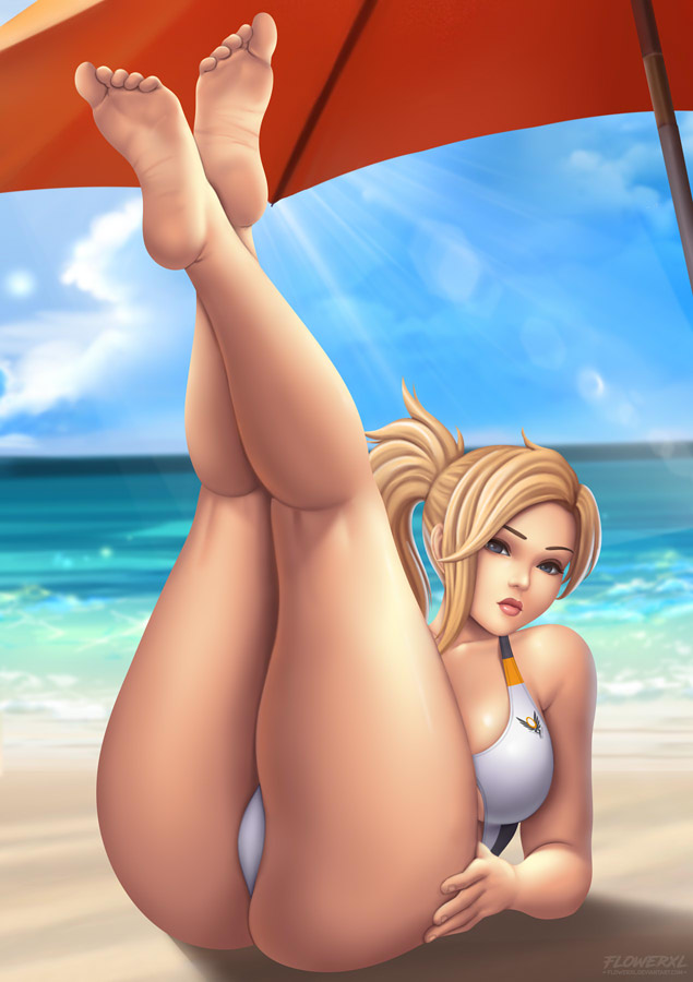 1girls, ass, bare legs, barefoot, big ass, big breasts, blonde hair, blue eyes, breasts, clothed female, feet, feet up, female, female only, flowerxl, large breasts, legs up, long hair, mercy, one-piece swimsuit, overwatch, soles, solo, solo female, solo focus, swimsuit, thick thighs, toes, wide hips