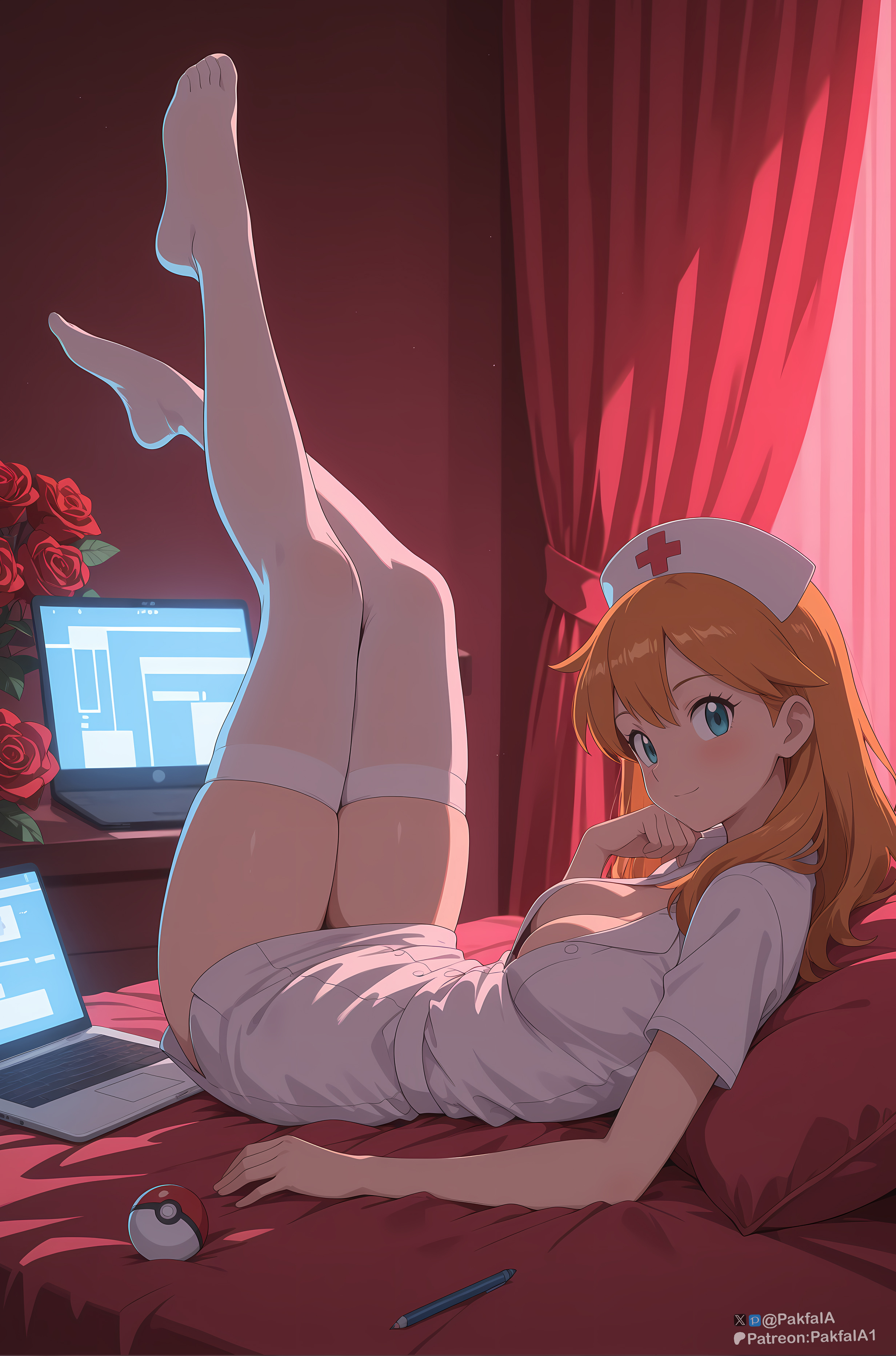 ai generated, alternative bust size, alternative costume, alternative hairstyle, aqua eyes, bed, bed sheet, blue eyes, blush, bra, breasts, cleavage, closed mouth, clothing, computer, curtains, dress, feet, feet up, female, flower, hair down, hat, headwear, hospital bed, indoors, kasumi (pokemon), laptop, large breasts, leg up, legs, legs up, legwear, long hair, looking at viewer, lying, medium breasts, no bra, no shoes, nurse, nurse cap, on back, on bed, orange hair, pakfaia, pen, pencil, pillow, plant, poke ball, poke ball (basic), pokemon, pokemon character, red flower, red rose, rose, shirt, short sleeves, skindentation, smile, soles, solo, the pose, thighhighs, thighs, toes, underwear, white dress, white headwear, white legwear, white thighhighs, window
