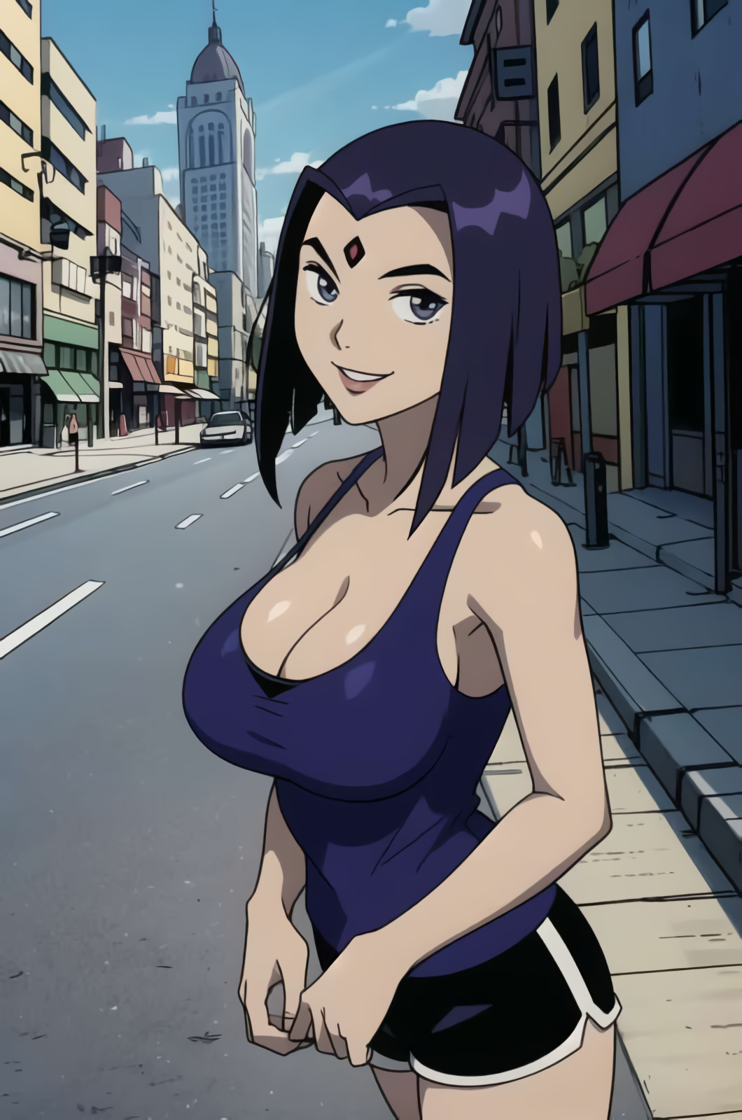 ai_generated big_breasts bob_cut bonnieaiart breasts cleavage cute daytime grey_skin gym_shorts half_demon highres looking_at_viewer outdoors rachel_roth raven_(dc) sexy summer tank_top