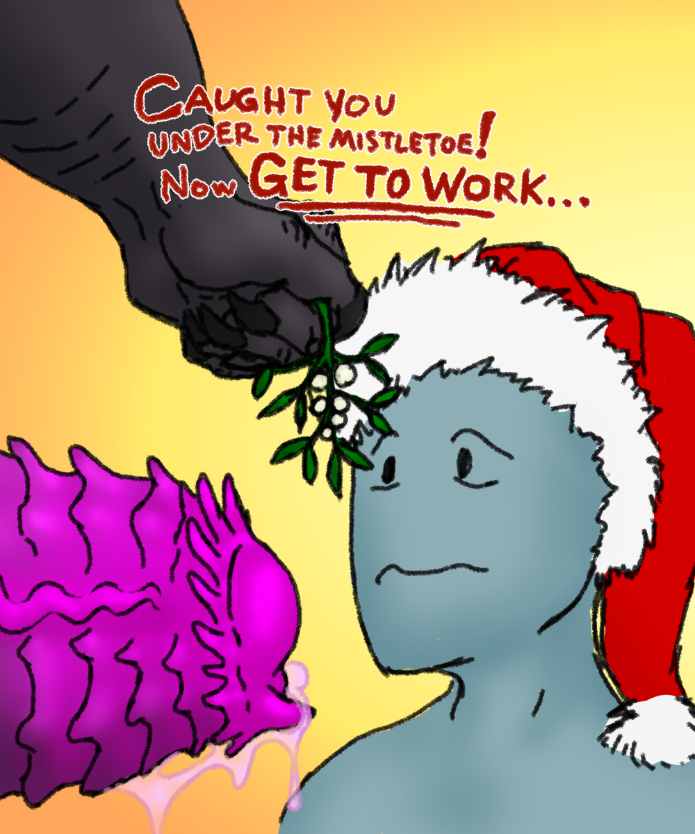 ambiguous_gender anon anthro big_penis black_body bodily_fluids christmas christmas_clothing christmas_headwear claws clothing corinoch corinoch_(artist) demon dialogue dripping faceless_character faceless_male genital_fluids genitals hat headgear headwear hi_res holidays huge_cock humanoid leaking_precum magenta_penis male male/male mistletoe penis plant precum precum_drip questionable_consent ridged_penis santa_hat scales spiked_penis spikes spikes_(anatomy) text unusual_anatomy unusual_bodily_fluids unusual_genital_fluids unusual_genitalia unusual_penis unusual_precum worried worried_look