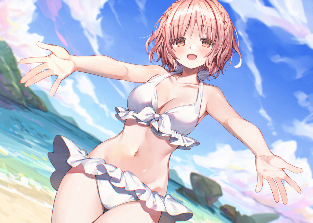 2d 2d_(artwork) beach belly belly_button bikini breasts date_a_live light-skinned_female medium_breasts pink_eyes pink_hair seaside short_hair smile solo solo_female sonogami_rinne thighs