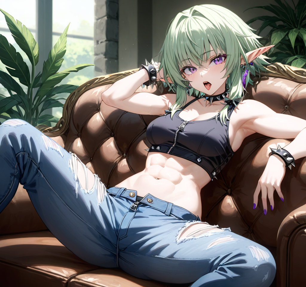 abs ai_generated chocolate443 choker collar female goblin_slayer high_elf_archer_(goblin_slayer) jeans legs_apart open_mouth pants sitting stomach teeth unbuttoned