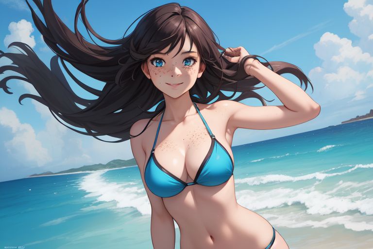 1girls ai_generated beach bikini black_hair blue_eyes female_focus female_only freckles_on_face nude_female skotos_ai