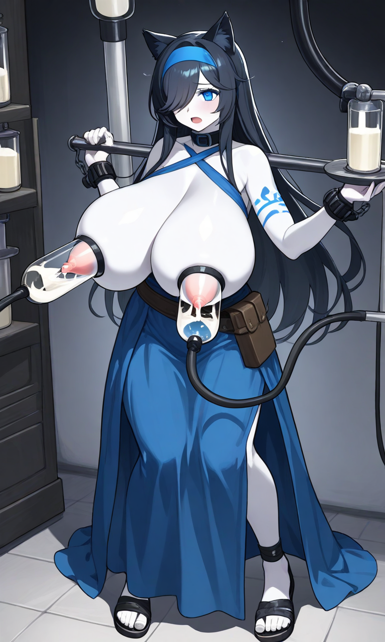 1girls ai_generated big_breasts black_hair blue_eyes breasts cat_ears catgirl female female_focus female_only huge_breasts lactation large_breasts looking_pleasured milking milking_machine open_mouth pale-skinned_female pale_skin