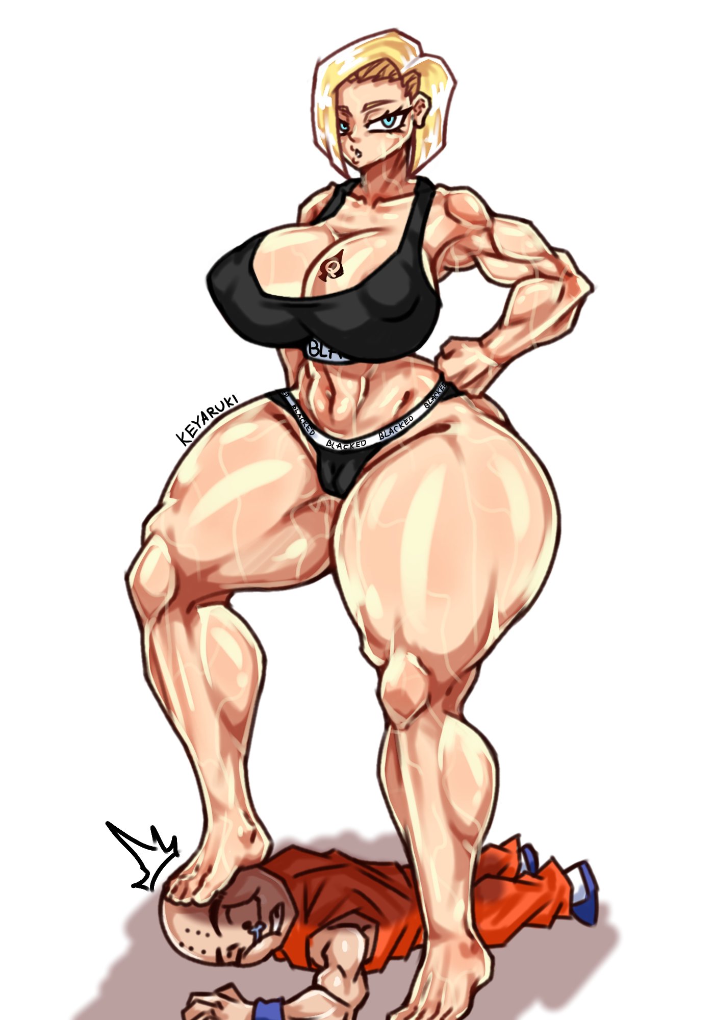 1boy, 1boy1girl, 1girl1boy, 1girls, 2026, 2026s, android 18, artist name, athletic, athletic female, bald, bald male, bald man, belly button, bigger female, blacked, blacked clothing, blonde, blonde female, blonde hair, blonde hair female, blonde-haired female, cheating, cheating wife, clothed, clothed female, clothed male, cyborg, cyborg girl, dragon ball, dragon ball z, height difference, husband, husband and wife, keyaruki, krillin, kuririn, larger female, light skin, light-skinned female, light-skinned male, orange gi, shorter male, size difference, smaller male, stepped on, stepping on head, toned, toned female, turtle school uniform, white background, wife, wife and husband
