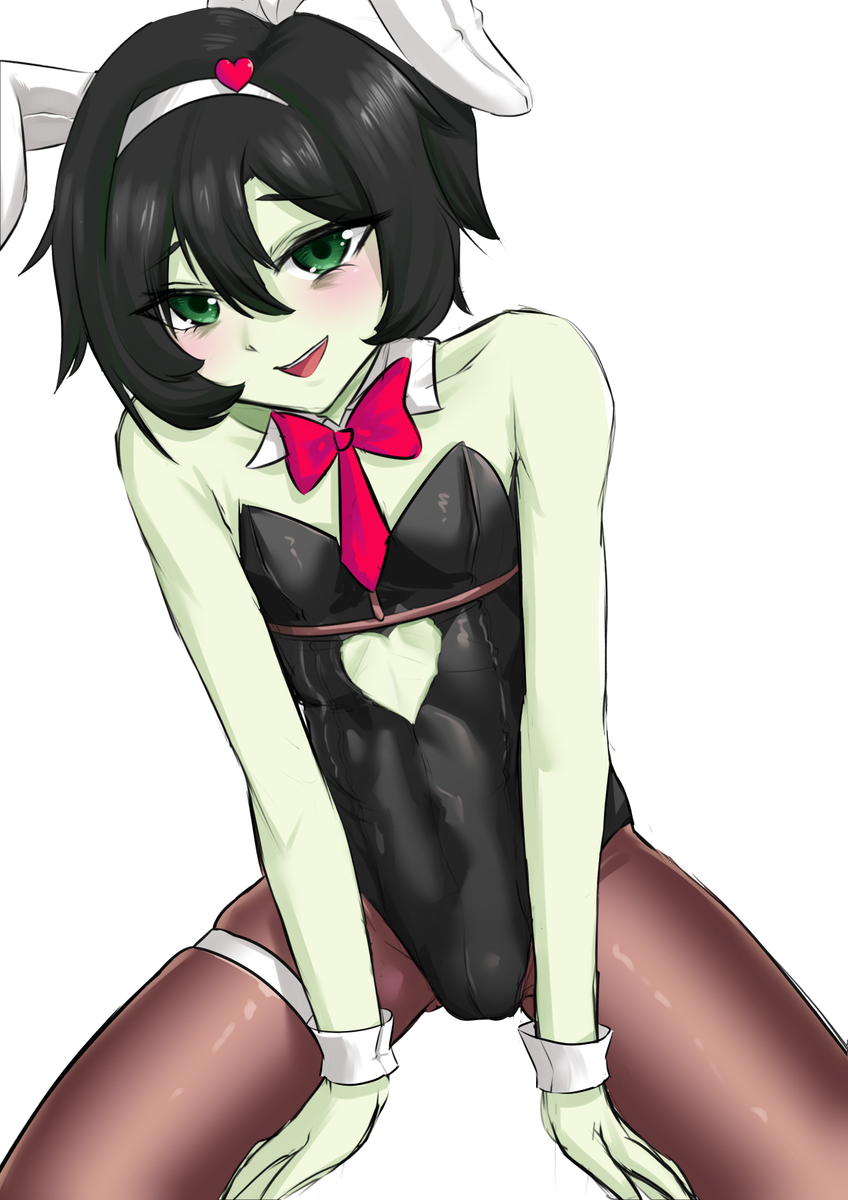 1boy bunnysuit fake_animal_ears femboy green_eyes green_skin indie_virtual_youtuber rabbit_hole_(vocaloid) ritspi solo solo_femboy solo_focus solo_male straddling vedal987 virtual_youtuber