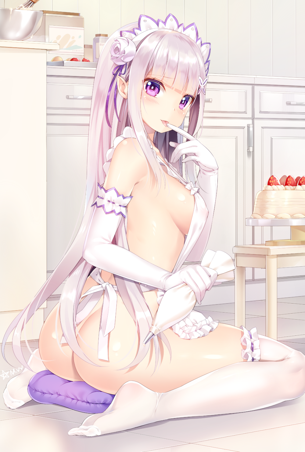 ass bare_shoulders blush braided_hair breasts cooking elbow_gloves elf emilia_(re:zero) feet finger_to_mouth gloves hair_ornament hair_ribbon indoors long_hair maid_apron maid_headdress medium_breasts mvv naked_apron pointy_ears purple_eyes re:zero_kara_hajimeru_isekai_seikatsu shiny_skin sideboob thighhighs thighs toes tongue tongue_out wariza white_gloves white_hair white_thighhighs