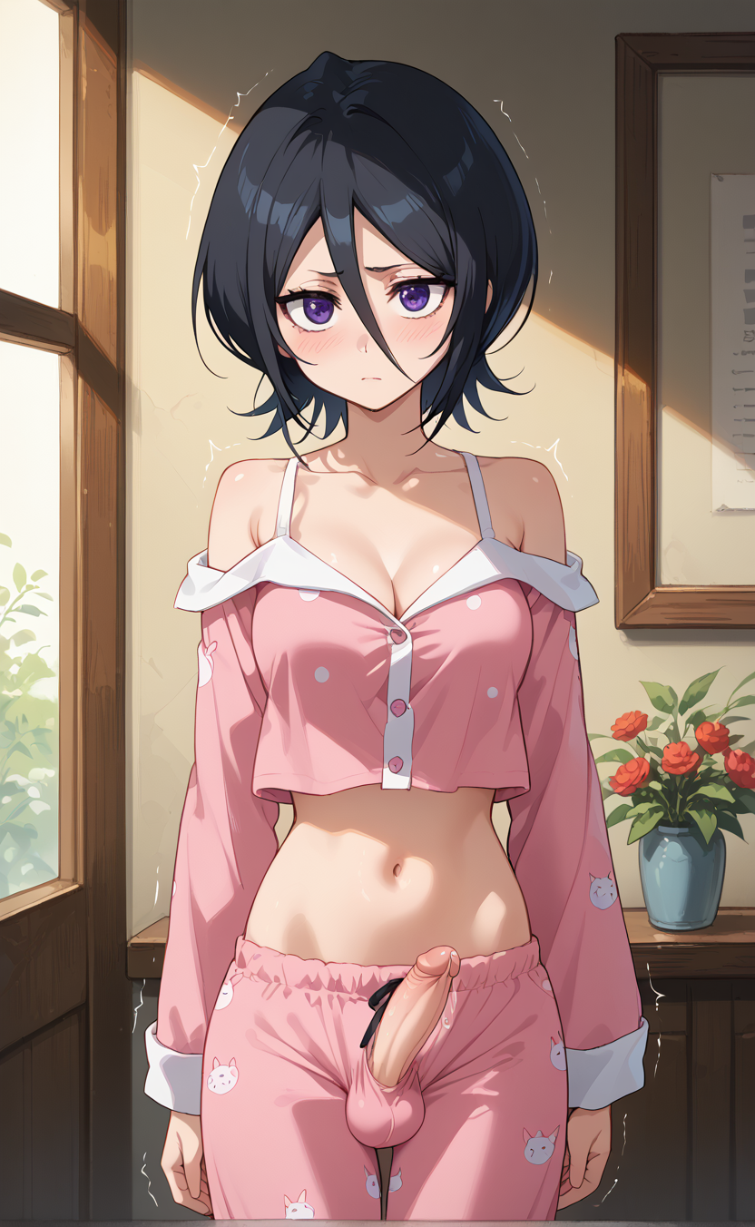 1girls ai_generated black_hair bleach bleach:_the_thousand-year_blood_war cute futa_only futanari kuchiki_rukia kuchiki_rukia purple_eyes rengoart sexy sexy.ai short_hair