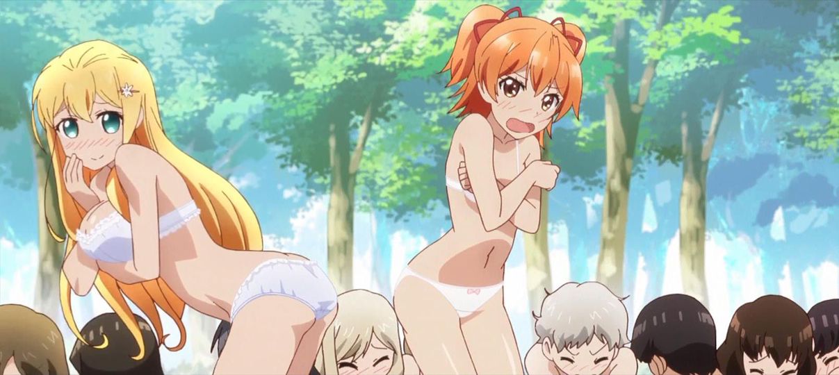 6+girls arisugawa_reiko blonde_hair bra female multiple_girls orange_hair ore_ga_ojou-sama_gakkou_ni_"shomin_sample"_toshite_rachirareta_ken outdoors outside panties screencap tenkuubashi_aika tree underwear