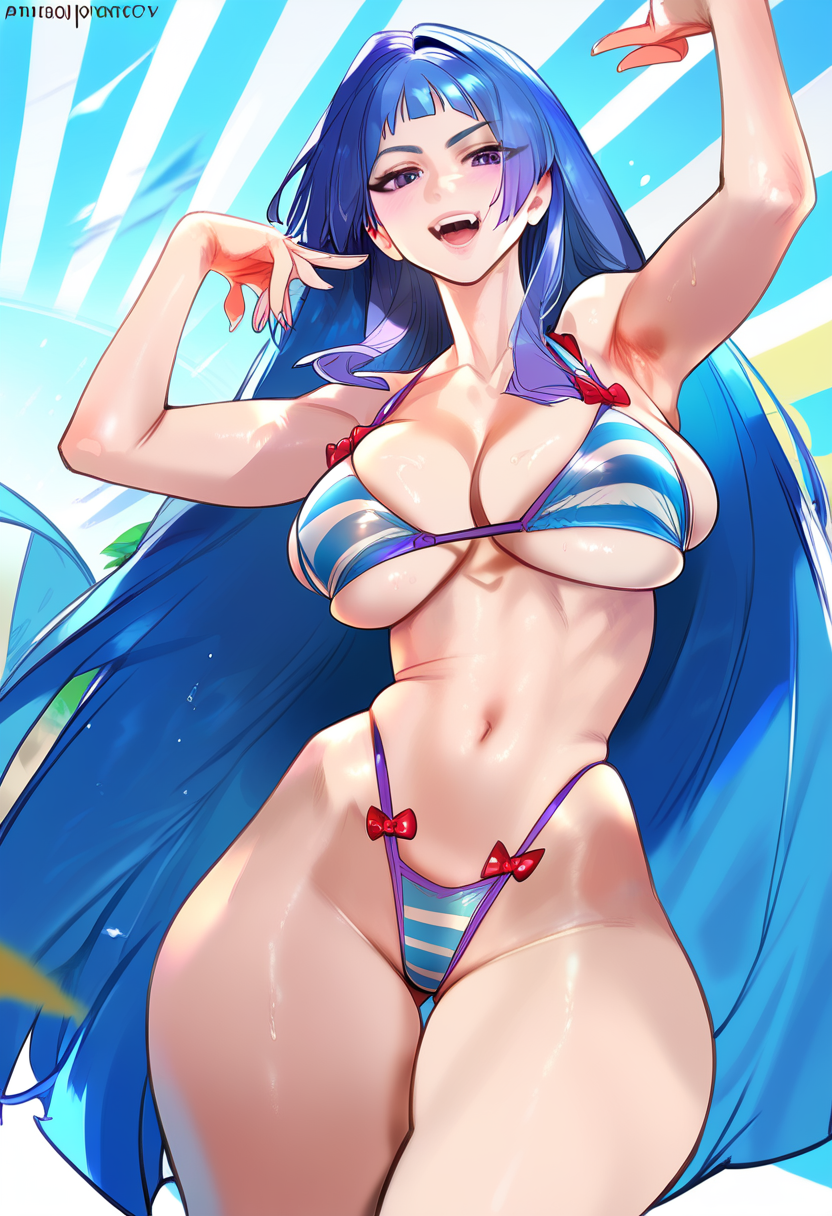 2d ai_generated big_breasts bikini blue_hair female female_focus female_only long_hair me!me!me! solo solo_female solo_focus string_bikini tagme