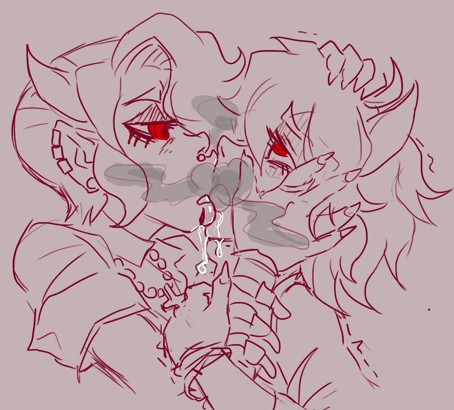 2demons, 2girls, female, hand on another's face, hand on another's head, helltaker, incest, kissing, malina (helltaker), multiple females, multiple girls, rolling eyes, saliva, sisters, ungulatr, yuri, zdrada (helltaker)
