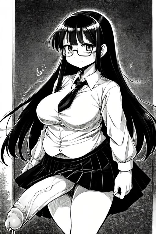 1futa ai_generated annie_(furryroxxie) black_and_white chubby chubby_belly chubby_female chubby_futanari flaccid flaccid_futa futa_focus futa_only futanari glasses manga_style nerd nerdy nerdy_female oblivious penis penis_out penis_slip school_uniform schoolgirl skirt solo uniform