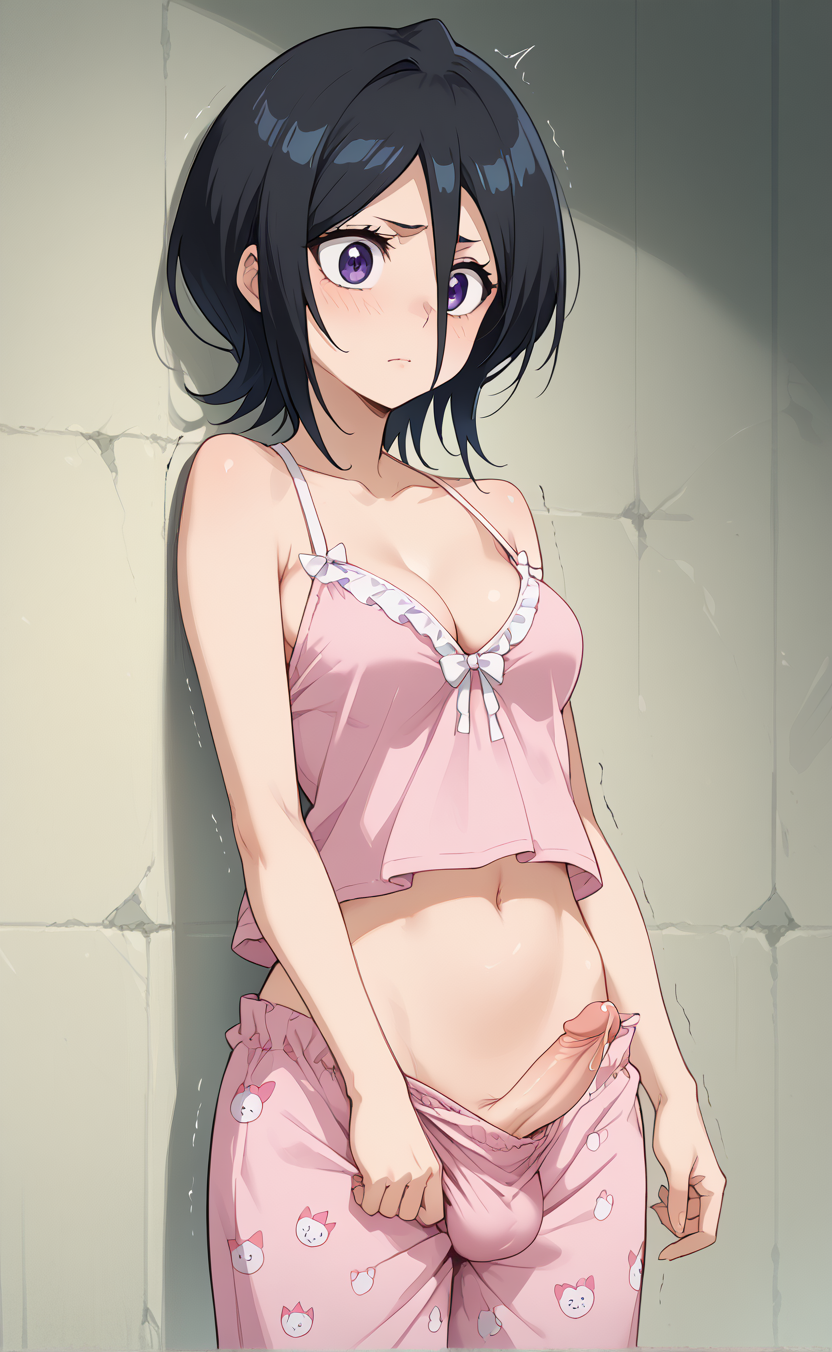 1girls ai_generated black_hair bleach bleach:_the_thousand-year_blood_war cute futa_only futanari kuchiki_rukia kuchiki_rukia precum purple_eyes rengoart sexy sexy.ai short_hair