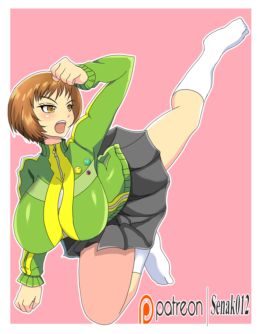 atlus big_breasts brown_hair female female_only persona persona_4 satonaka_chie senak012 short_hair solo solo_female solo_focus tomboy