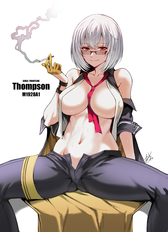 albino arm_support bangs bare_shoulders between_breasts black_pants blush breasts character_name cigarette cleavage coat collarbone commentary_request copyright_name eyebrows_visible_through_hair female girls'_frontline glasses gloves half_gloves holding holding_cigarette large_breasts leaning_back looking_at_viewer looking_over_eyewear looking_over_glasses navel necktie necktie_between_breasts open_clothes open_coat open_fly open_pants open_vest pants pink_neckwear red_eyes safety_pin sitting smoke smoking solo spread_legs stomach sunglasses sweat taesi thigh_strap thompson_(girls'_frontline) tinted_eyewear toned unbuttoned vest white_background white_hair white_vest wristband yellow_gloves