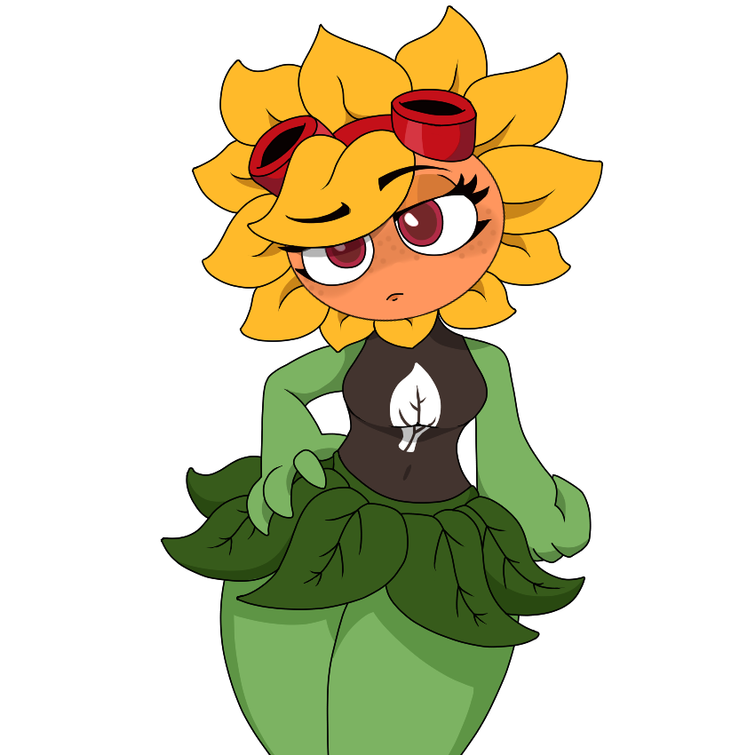 1girls anthro big_breasts big_butt big_thighs black_shirt goggles goggles_on_head green_skin hair_over_one_eye hand_on_hip huge_butt huge_thighs leaf leaf_skirt orange_skin plant plants_vs_zombies plants_vs_zombies:_heroes pvz pvz_heroes red_eyes skirt solar_flare_(pvz) solo tight_clothing yellow_hair