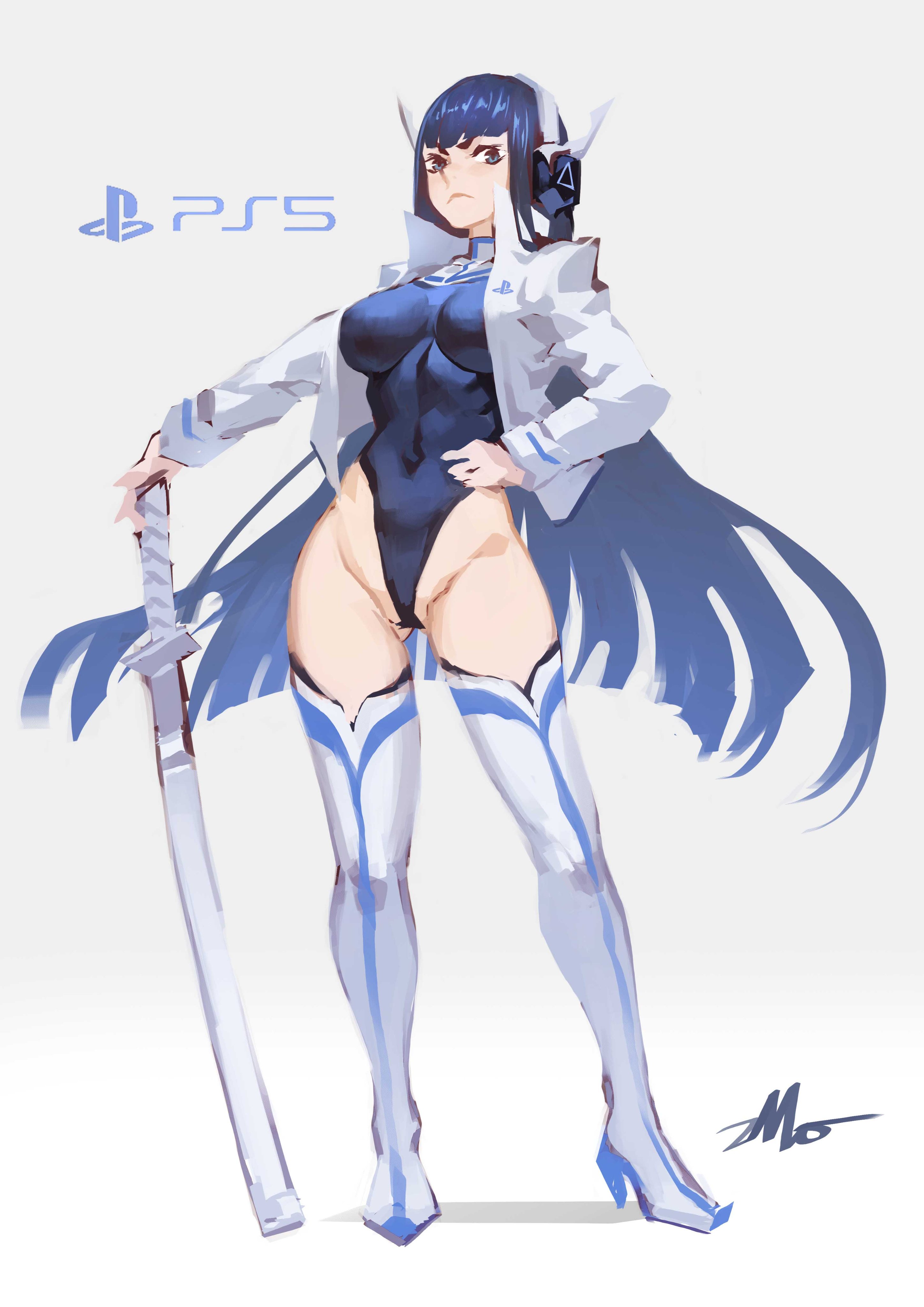 1girls, black hair, blue eyes, breasts, covered navel, female, hand on hip, headphones, kill la kill, kiryuuin satsuki, large breasts, leotard, long hair, looking at viewer, playstation, playstation 5, sword, thigh boots, thighs, weapon, wide hips