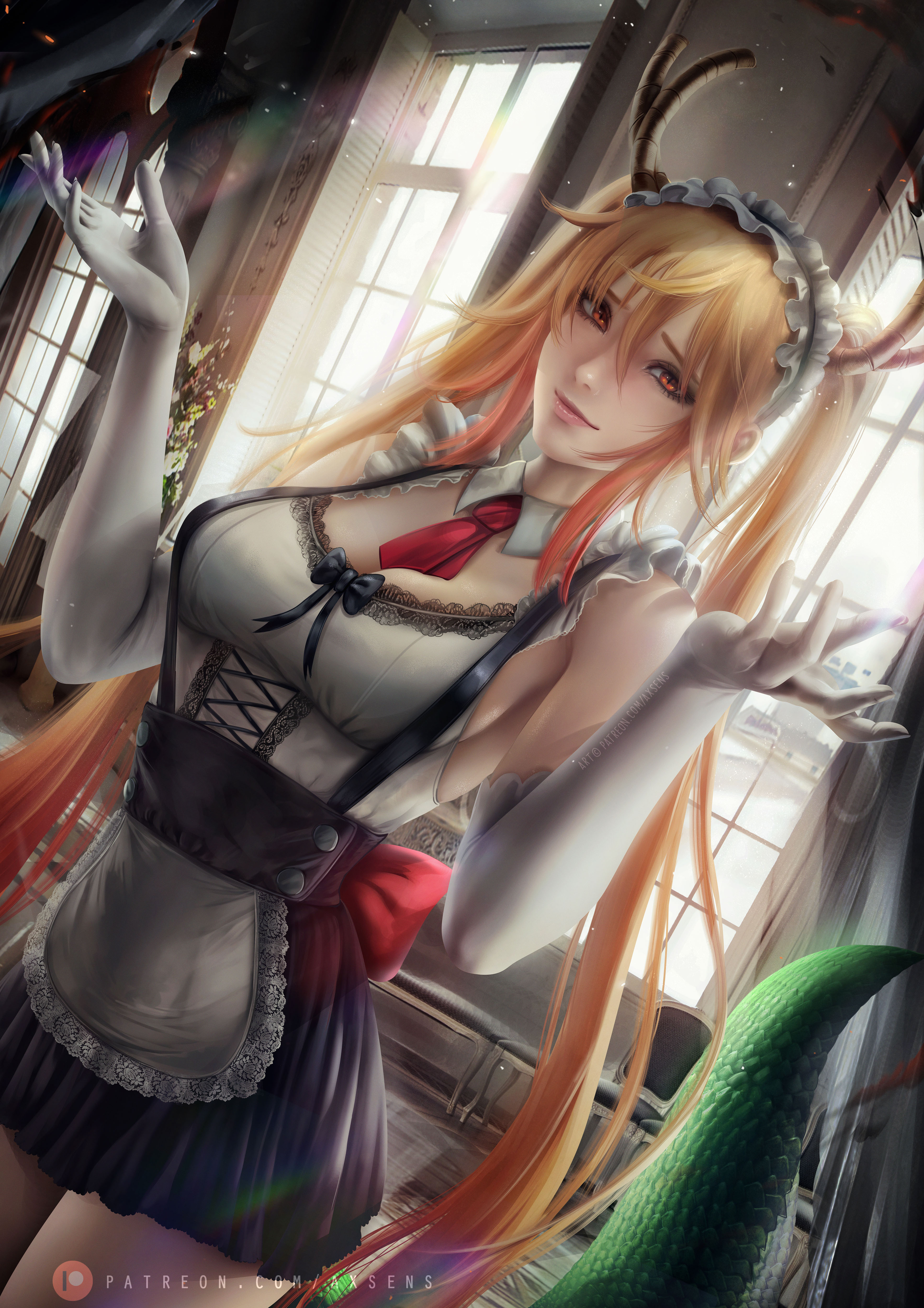 1girls, axsens, dragon, dragon girl, dragon tail, female, female only, gloves, maid, maid uniform, miss kobayashi's dragon maid, scales, shrug, smile, tohru (dragon maid)
