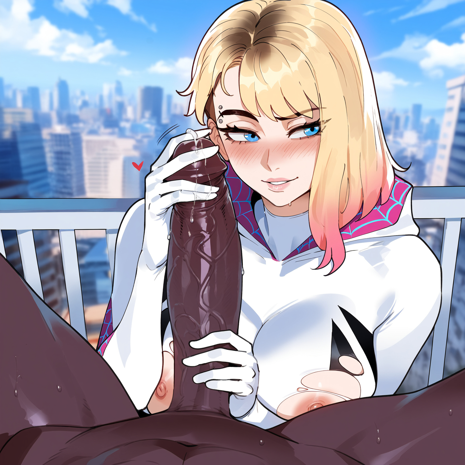 1girls, ai generated, blonde hair, bodysuit, creamy ai, dark skin, dark-skinned male, female, female focus, gwen stacy, gwen stacy (spider-verse), interracial, interracial sex, male, marvel, marvel comics, short hair, spider-man (series), spider-man: across the spider-verse, spider-man: into the spider-verse, tagme, thick thighs