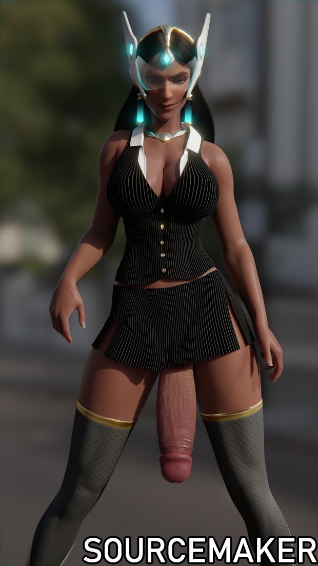 1futa, 3d, blue-tinted eyewear, breasts, cleavage, dark skin, dark-skinned futa, dickgirl, erection, french nails, futa only, futanari, huge cock, intersex, looking at viewer, overwatch, penis, penis to the knees, solo, solo futa, sourcemaker, symmetra, tinted eyewear, visor