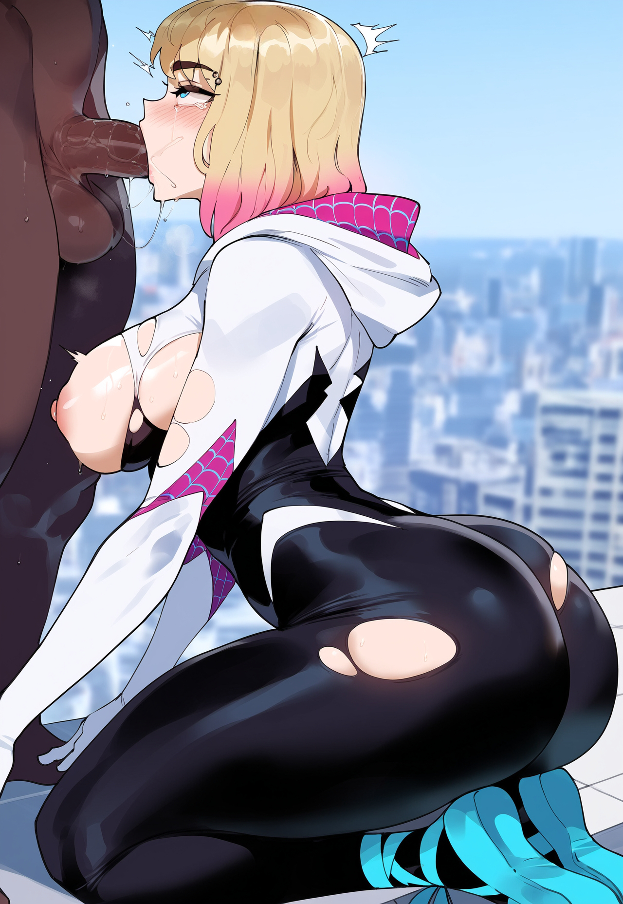 1girls, ai generated, blonde hair, bodysuit, creamy ai, dark skin, dark-skinned male, female, female focus, gwen stacy, gwen stacy (spider-verse), interracial, interracial sex, male, marvel, marvel comics, short hair, spider-man (series), spider-man: across the spider-verse, spider-man: into the spider-verse, tagme, thick thighs