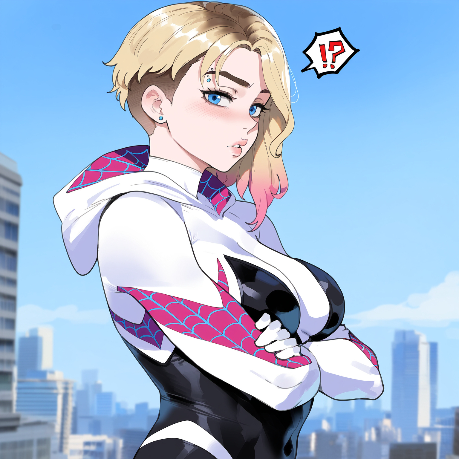 !?, 1girls, ai generated, blonde hair, blue eyes, bodysuit, creamy ai, eyebrow piercing, female, female focus, gwen stacy, gwen stacy (spider-verse), light skin, light-skinned female, looking at viewer, marvel, marvel comics, short hair, solo, spider-man (series), spider-man: across the spider-verse, spider-man: into the spider-verse, tagme, thick thighs