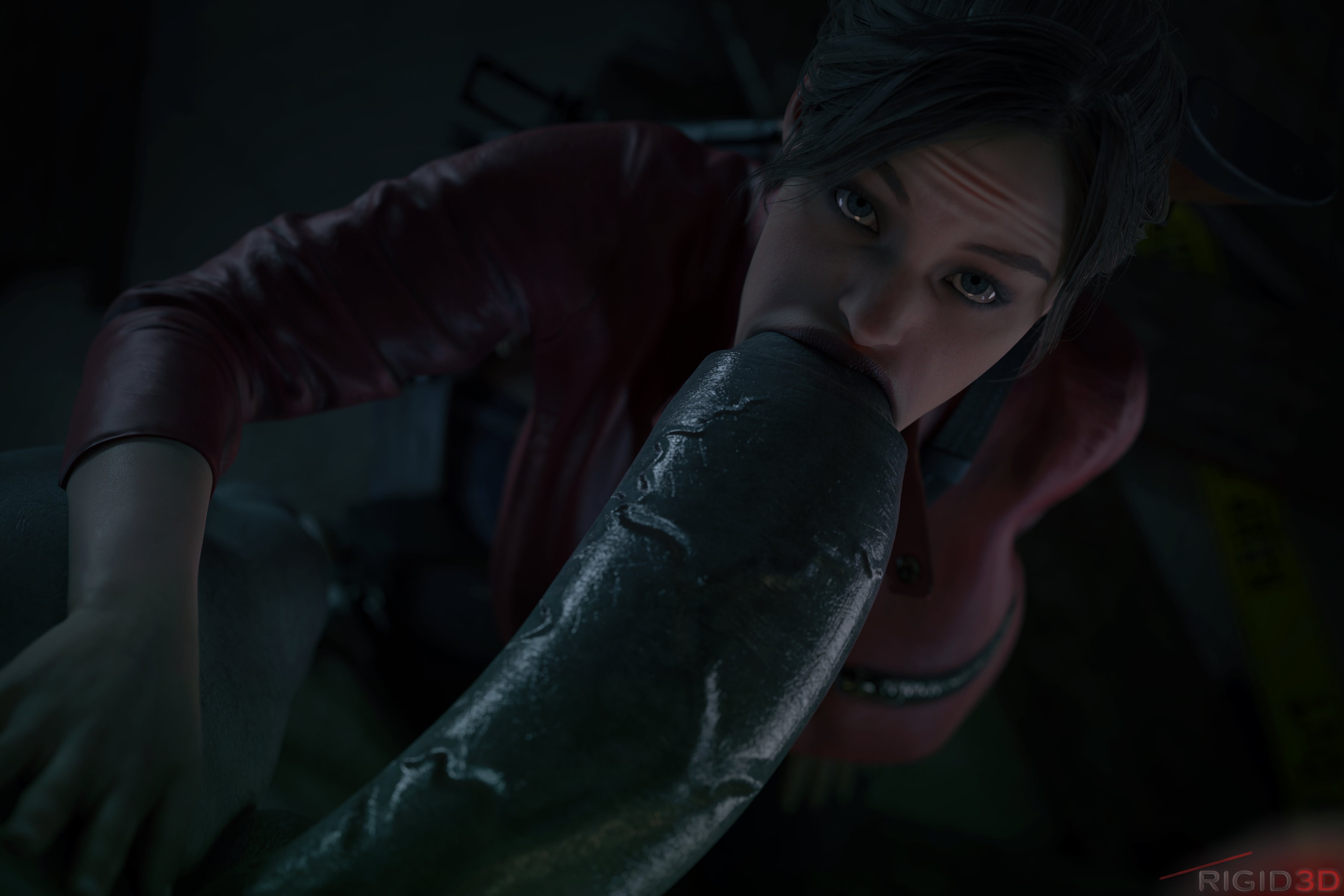 1girls, 1monster, 3d, blowjob, brunette, capcom, claire redfield, claire redfield (jordan mcewen), dutch angle, fellatio, female, hands on another's thighs, huge cock, impossible fit, it'll never fit, just the tip, large penis, lips, looking at viewer, looking up, male, male pov, monster, monster on female, mouthful, mr x, oral, penis, ponytail, pov, red jacket, resident evil, resident evil 2, resident evil 2 remake, rigid3d, sex, thick penis, tied hair, tyrant, veiny penis, wide penis, wrinkles