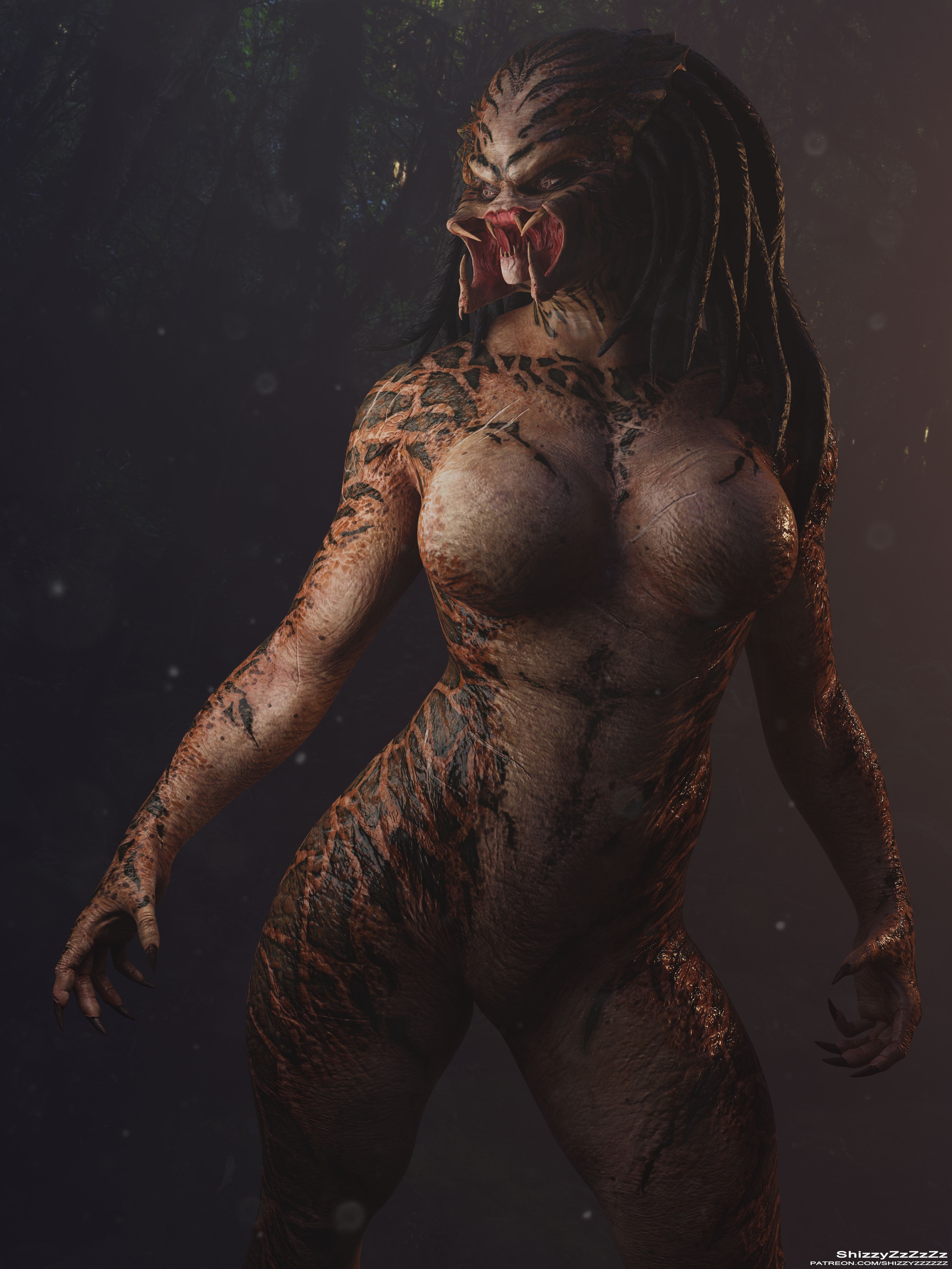 1girls, 3d, absurdres, alien, alien girl, alien only, big breasts, blender, breasts, featureless breasts, featureless crotch, female, female only, female yautja, highres, large breasts, nude, predator (franchise), shizzyzzzzzz, solo, solo female, yautja